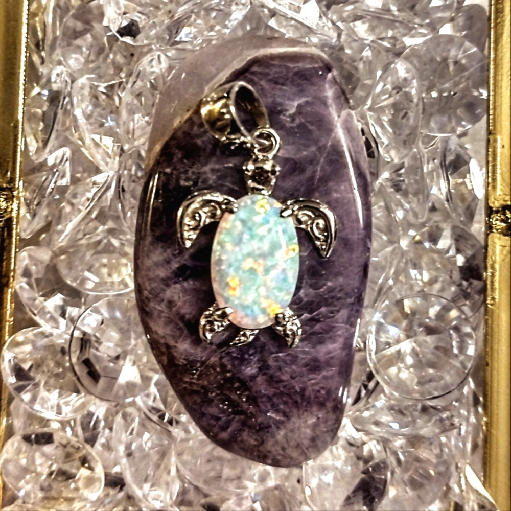 925 Sterling Silver Opal Colored Sea Turtle Pendant